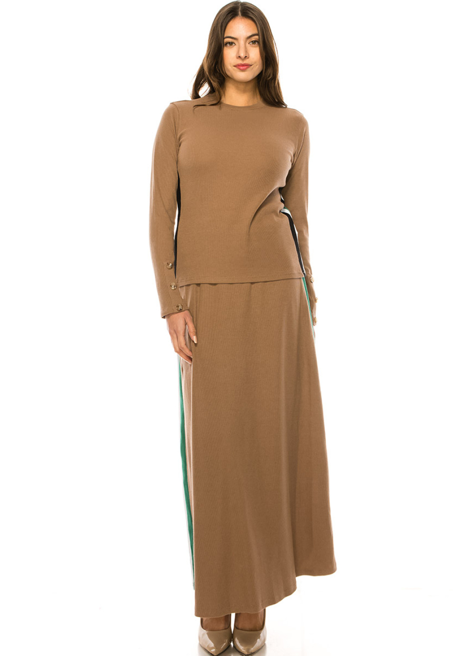Camel Long Sleeve T-Shirt With Colorful Side Stripes | Modest